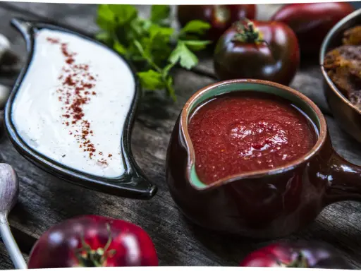 En krämig vit sås med paprikapulver och en skål med tomatpuré. Runtom syns färska tomater, vitlök och persilja, redo att passera tomater till en god sås.