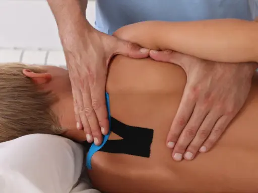 Fizjoterapeuta aplikuje kinesiotaping na plecach pacjenta z chorobą Scheuermanna. Czego nie wolno robić przy tej chorobie? Unikać przeciążeń.