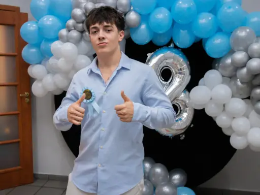 Chłopak w błękitnej koszuli z rozetką "18th Birthday" i balonami.