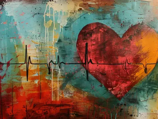 Abstrakcyjne serce z linią EKG, symbolizujące arytmię serca. Tło pełne kolorowych plam i smug.