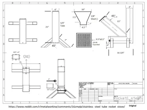 Plan détaillé d'un réchaud fusée en métal, montrant les dimensions et les pièces pour sa construction.