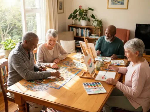 Cztery osoby wesoło spędzają czas, układając puzzle i malując. Świetne pomysły, co robić na emeryturze!