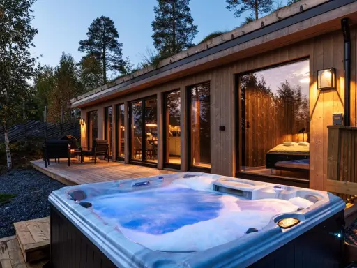 En bubblande badtunna framför en modern stuga i Norge. Trädäck, utemöbler och en grönskande takterrass skapar en mysig atmosfär.