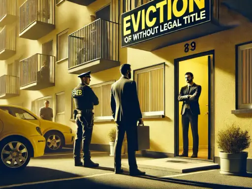 Egzekutor przed drzwiami, gdzie mieszka lokator bez umowy najmu i zameldowania. Znak "EVICTION" sugeruje problem.