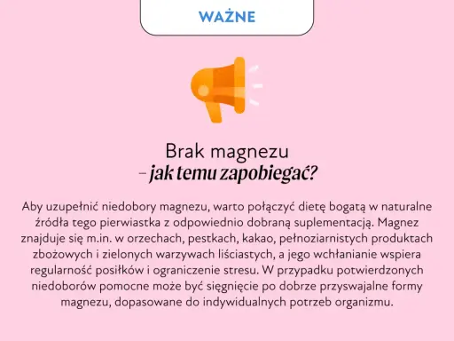 Grafika informuje o tym, jak zapobiegać niedoborom magnezu. Wskazuje na dietę bogatą w naturalne źródła magnezu i suplementację.