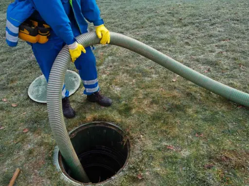 Pracownik w niebieskim kombinezonie i żółtych rękawicach wykonuje czyszczenie szamba, wkładając gruby wąż do otwartego włazu.