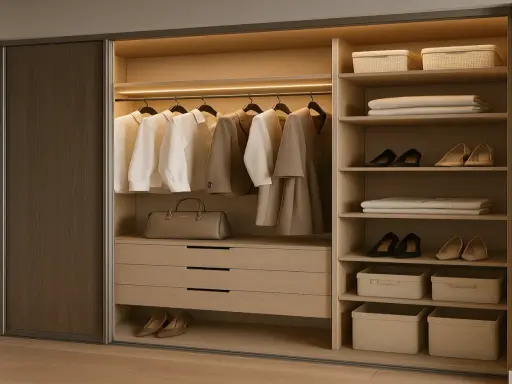 Armario empotrado moderno con ropa colgada, bolsos, zapatos y cestas organizadoras. Ideas para como hacer un armario empotrado funcional y elegante.