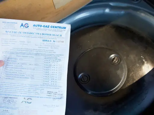 Fragment dokumentu z danymi homologacji butli LPG obok okrągłej pokrywy w bagażniku samochodu.