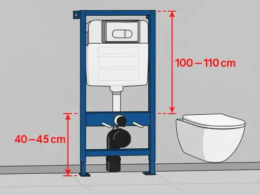 Schemat instalacji podtynkowej WC. Wymiary: 100-110 cm wysokości stelaża, 40-45 cm od podłogi do przyłącza.