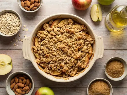 Crumble aux pommes dans un plat, entouré de pommes, d'amandes, de flocons d'avoine et de sucre brun.