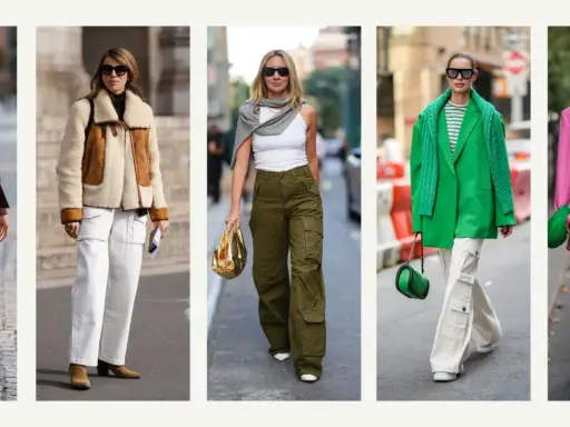 Five women showcase stylish outfits featuring cargo pants in various colors and styles, proving what is cargo pants and how versatile they are.