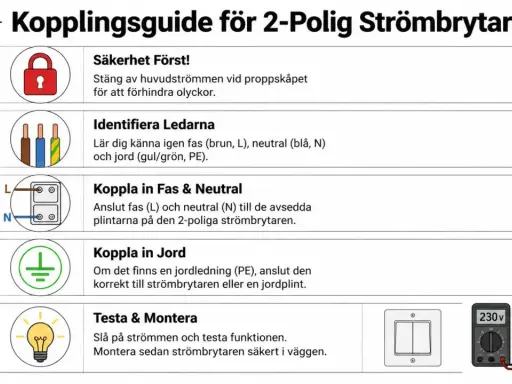 Steg-för-steg-guide för att koppla en 2-polig strömbrytare: säkerhet först, identifiera ledare, koppla in fas/neutral/jord, testa och montera.