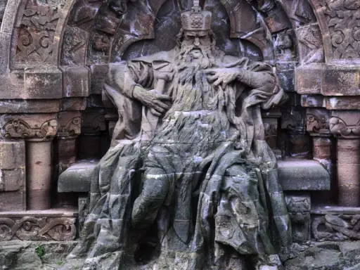Steinerne Figur Kaiser Barbarossas, der der Sage nach im Kyffhäuser schläft und auf seine Wiederkehr wartet.