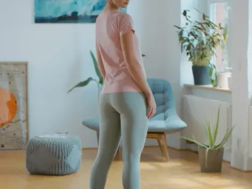 Frau in Sportkleidung, bereit für ein Workout. BWS mobilisieren für mehr Flexibilität. Bücherregal und Pflanzen im Hintergrund.
