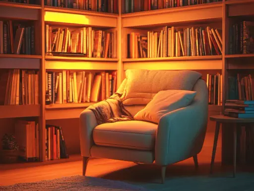 Un fauteuil confortable invite à la lecture dans ce havre de paix, entouré d'étagères remplies de livres.