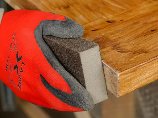 Mano con guante rojo lijando borde de puerta de madera para rebajarla.