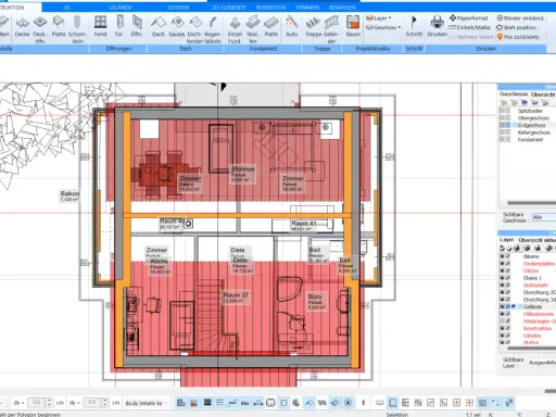Grundriss Dachgeschoss mit Räumen, Möbeln und Maßen. Die Ansicht zeigt einen detaillierten Grundriss eines Dachgeschosses, inklusive der Aufteilung in verschiedene Räume wie Wohnen, Zimmer, Küche, Diele, Bad und Büro. Möbel und Einrichtungsgegenstände ...