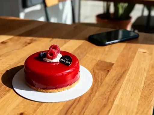 Un délicieux entremet fruit rouge, glacé et garni de framboises fraîches, attend sur une table en bois.