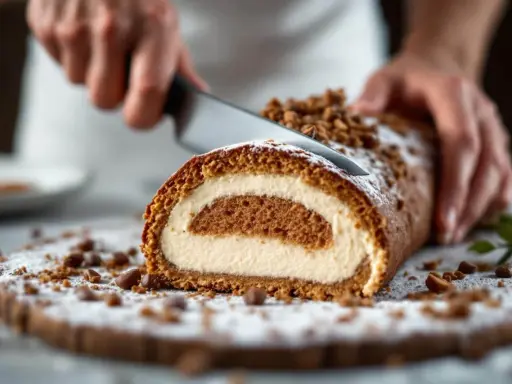 Une main coupe une tranche de roulé à la crème, garni de miettes croustillantes pour buche. Saupoudré de sucre glace.