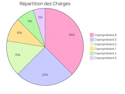 Répartition des charges pour la tantième copro : le copropriétaire 6 paie 38%, le 3 paie 25%, le 2 paie 15%, le 1 paie 10%, le 4 paie 8% et le 5 paie 5%.