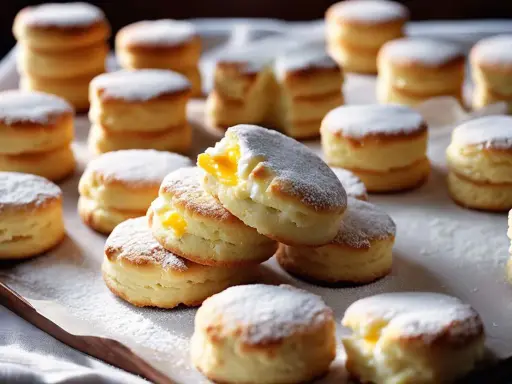 Délicieux biscuits cuillère saupoudrés de sucre glace, certains garnis d'une crème jaune. Parfait pour une recette facile et gourmande.
