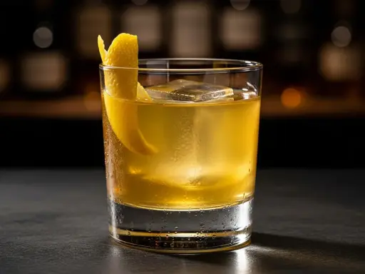 En gyllene drink med is och citronskal, en riktig "gold rush drink" som väntar på att avnjutas.