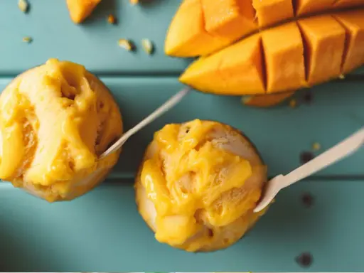 Jak zrobić sorbet? Dwa pucharki z mango sorbetem i kawałki świeżego mango na turkusowym tle.