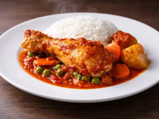 Estofado de pollo con arroz blanco, zanahorias y guisantes en una salsa roja.