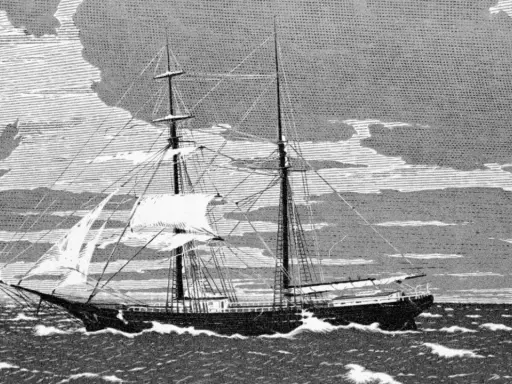 Das mysteriöse Schiff Mary Celeste segelt auf stürmischer See, einsam unter dramatischen Wolken.