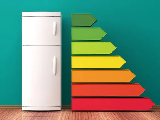 Biała lodówka obok kolorowych pasków od zielonego do czerwonego. Paski symbolizują klasę energetyczną lodówki E, co oznacza średnią efektywność.