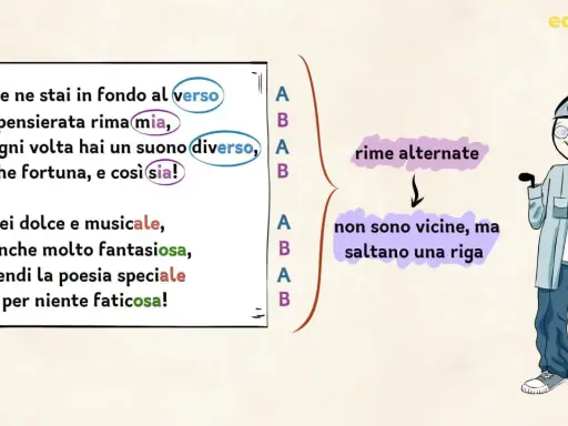 Spiegazione delle rime alternate con esempi di versi. La rima baciata è un tipo di schema metrico.
