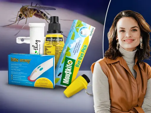 Pour soigner une piqure moustique, découvrez des solutions comme Bite Away et MouSkito. Une femme souriante complète ce visuel.