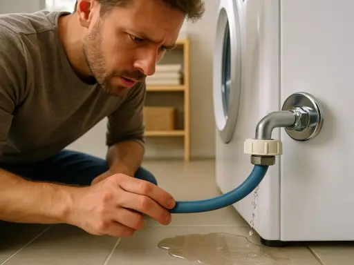 Un homme inquiet examine une fuite d'eau sous sa machine à laver. La prise d'eau semble défectueuse.