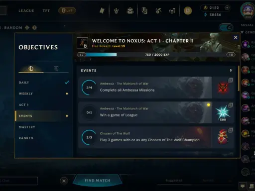 Ekran gry League of Legends z widocznymi celami, w tym misjami z **league of legends battle pass**.