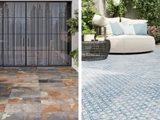 Deux terrasses : une avec un carrelage extérieur imitation ardoise, l'autre avec un carrelage extérieur bleu et blanc à motifs.