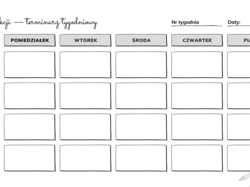 Plan lekcji z przedmiotami: Biologia, Historia, Fizyka, Język angielski. Taki terminarz tygodniowy to początek naszej edukacyjnej historii kalendarza.