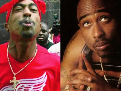 Dwa ujęcia Tupaca. Jedno z czerwoną bandaną, drugie z pytaniem: czy Tupac żyje?