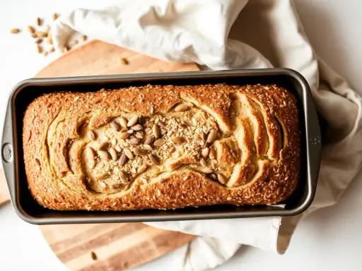 Nygräddat glutenfritt bröd med solrosfrön och sesamfrön i formen. Perfekt att baka glutenfritt!