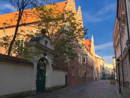 Ulica z brukowaną nawierzchnią prowadzi do zabytkowego Collegium Maius. Złote światło słońca oświetla ceglane mury i pomarańczowe dachy.