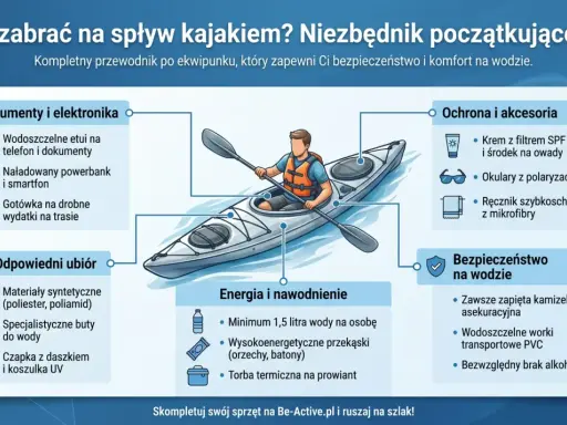 Co zabrać na kajaki? Przewodnik po ekwipunku: dokumenty, odpowiedni ubiór, ochrona, energia i bezpieczeństwo na wodzie.