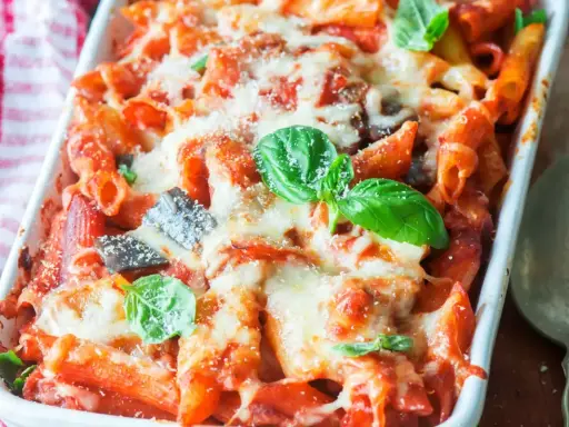 Piatto fumante di pasta al forno con melanzane, ricoperta di formaggio fuso e basilico fresco.