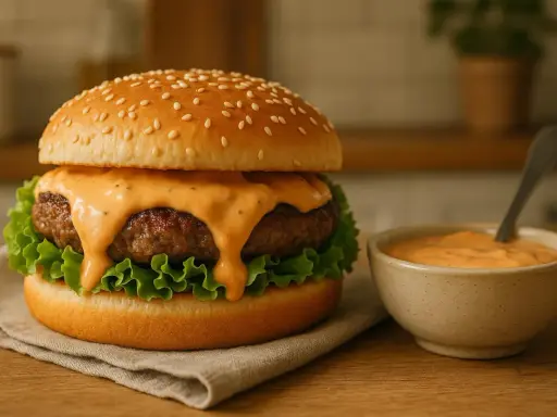 Un délicieux burger avec sa sauce Big Mac dégoulinante, servi à côté d'un petit bol de cette sauce onctueuse.
