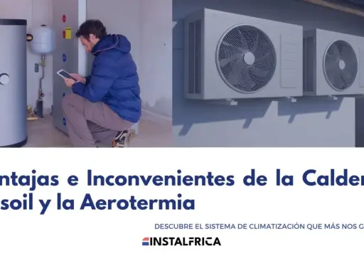 Un hombre revisa una tablet junto a un depósito de calefacción central gasoil. A la derecha, unidades exteriores de aire acondicionado.