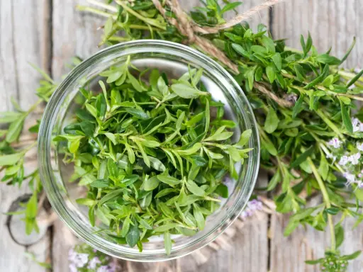 Świeży tymianek w szklanej miseczce, gotowy do użycia. Gałązki z drobnymi kwiatkami podkreślają jego naturalne piękno, jakby przygotowany dla przyszłej mamy.