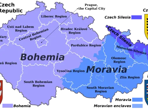 Mapa Czech z podziałem na regiony: Czechy właściwe (Bohemia) i Morawy. Kraina z brnem to Morawy, z zaznaczonymi regionami: Południowomorawskim, Ołomunieckim i Zlinskim.