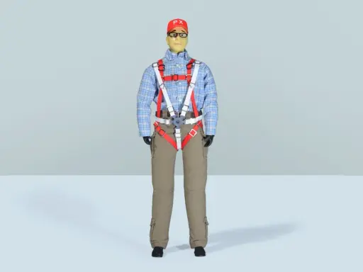 Eine detailreiche **Pilotenpuppe** mit kariertem Hemd, beige Hose und auffälligem roten Gurtzeug.