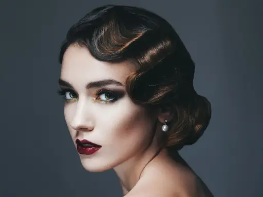 Glamouröse Frau mit einer eleganten 20er Jahre Frisur, dramatischem Make-up und einem Perlenohrring.