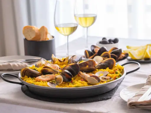 En härlig paella med skaldjur och ris, perfekt att avnjuta med ett glas vitt vin till paella. Serveras med citronklyftor och oliver.