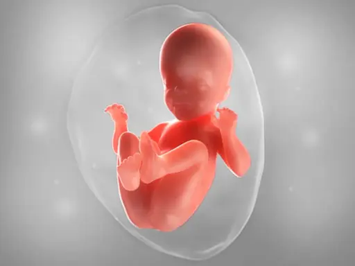 Ein Baby in der 26. SSW, das sich im Fruchtwasser entwickelt. Es ist in einer schützenden Blase, bereit für das Leben.
