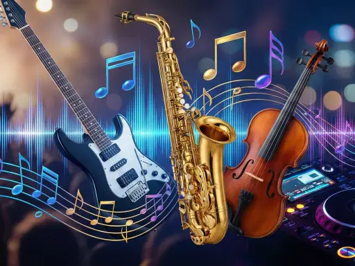 Gitara, saksofon, skrzypce i DJ-ka. Różne rodzaje muzyki i przykłady dźwięków.